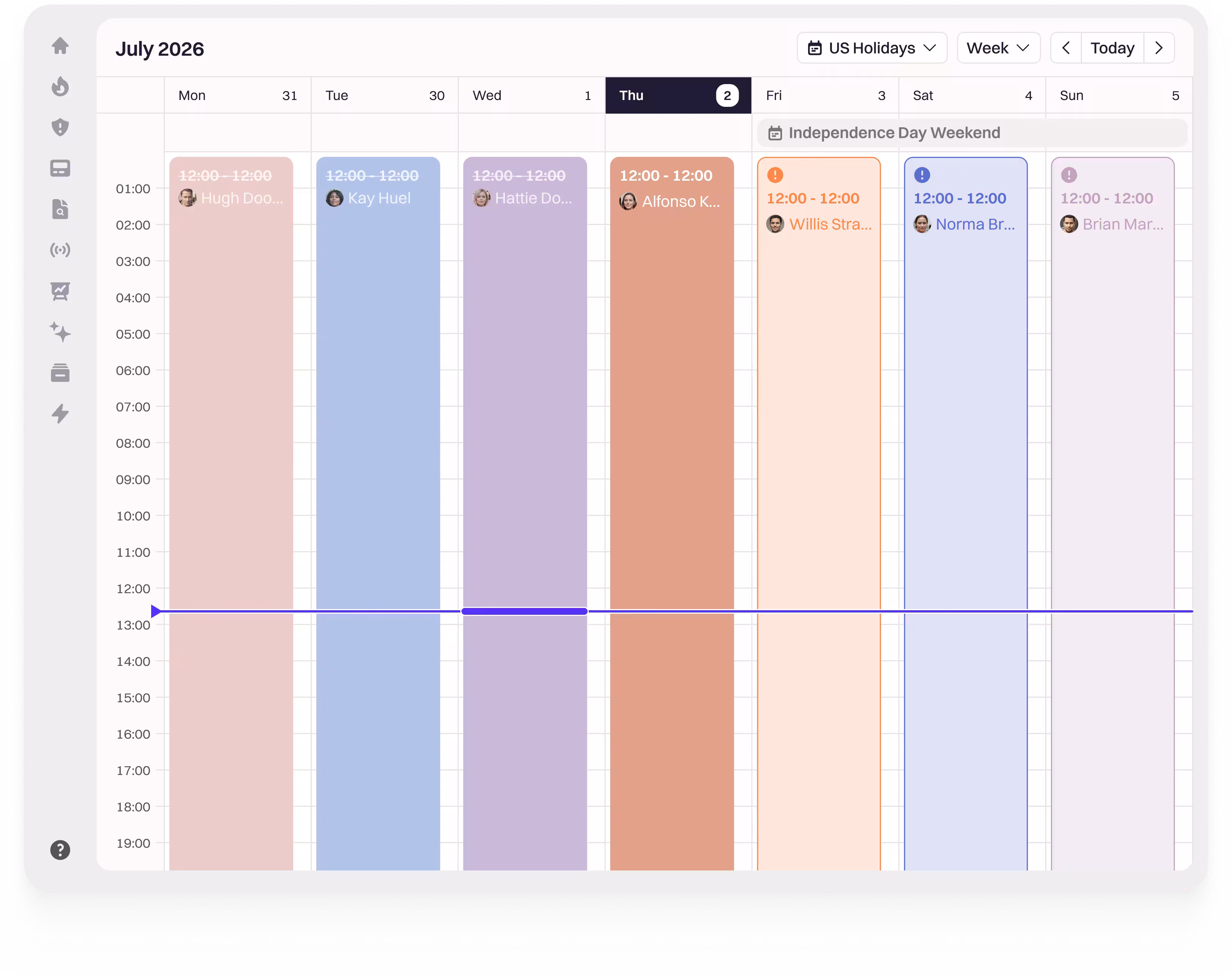 The Rootly on-call calendar for July, with colour-coded rotations across the week