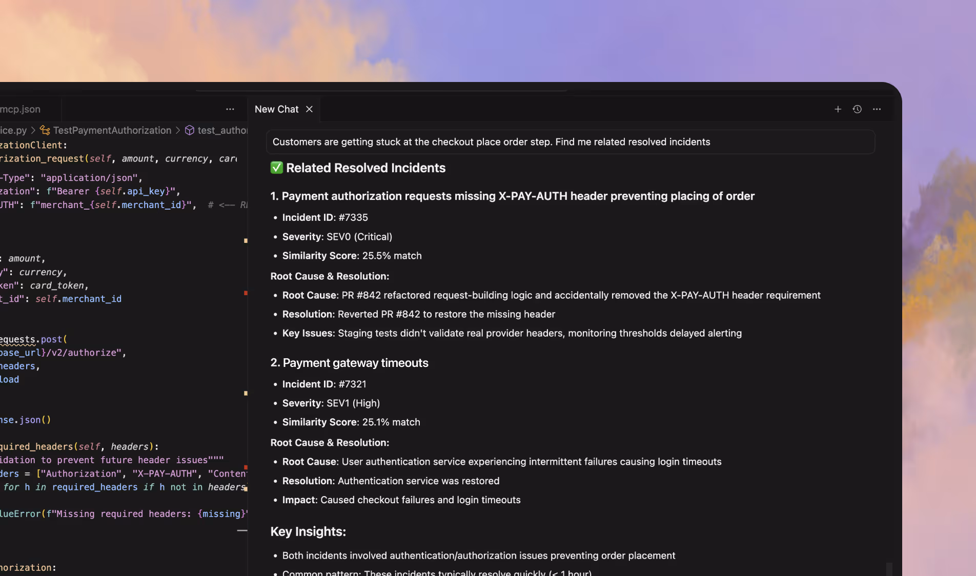 The Rootly MCP server answering an incident question inside a code editor