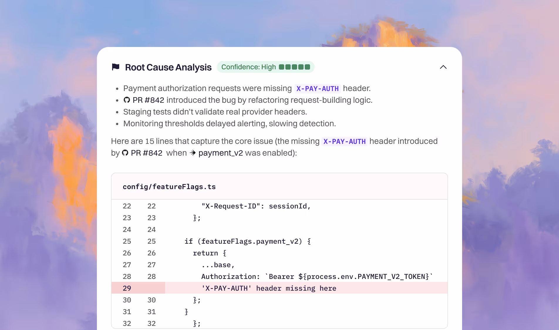 A ranked list of probable root causes, each with a confidence score and supporting evidence