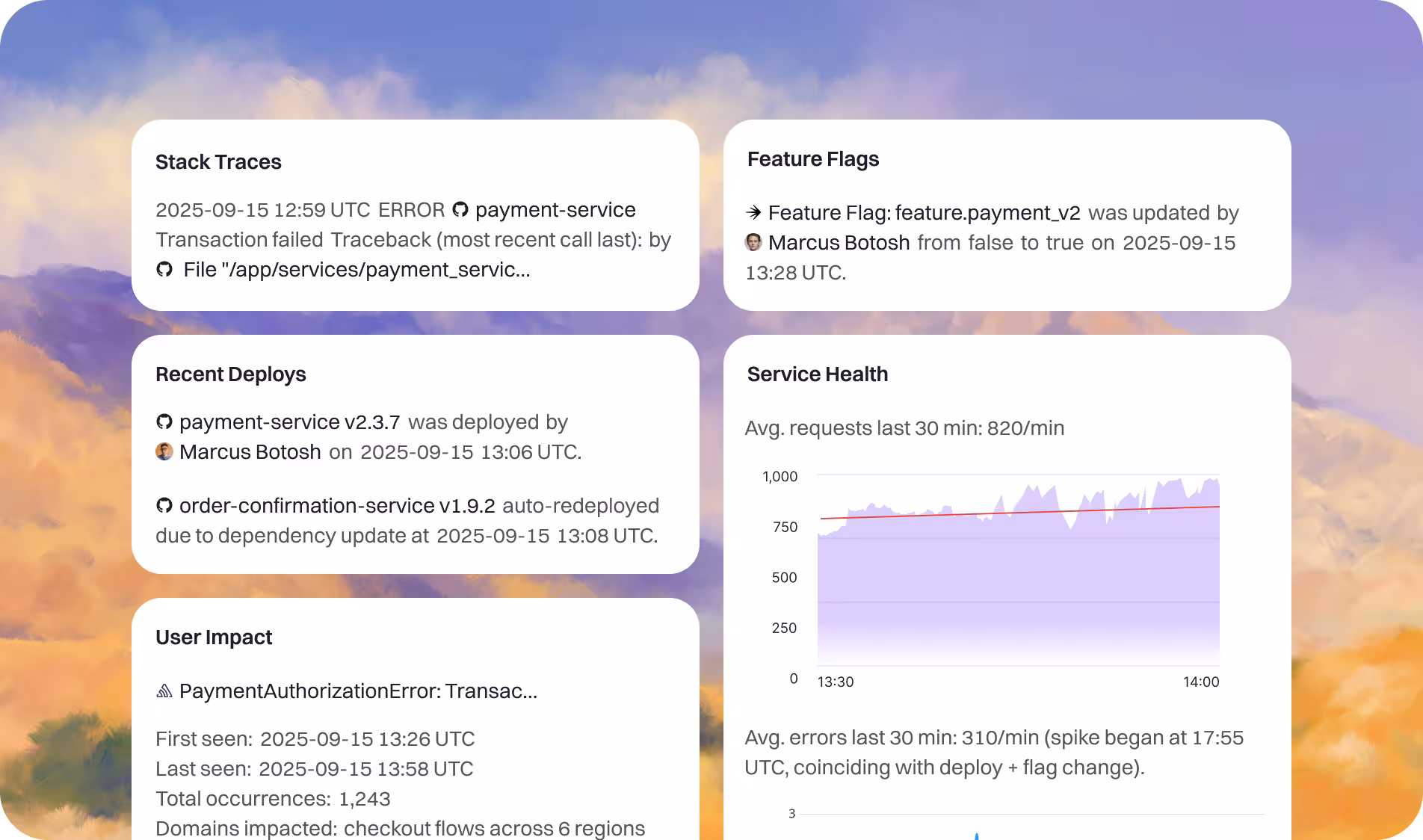 An AI analysis panel listing the alerts, recent deploys and past incidents gathered for an open incident