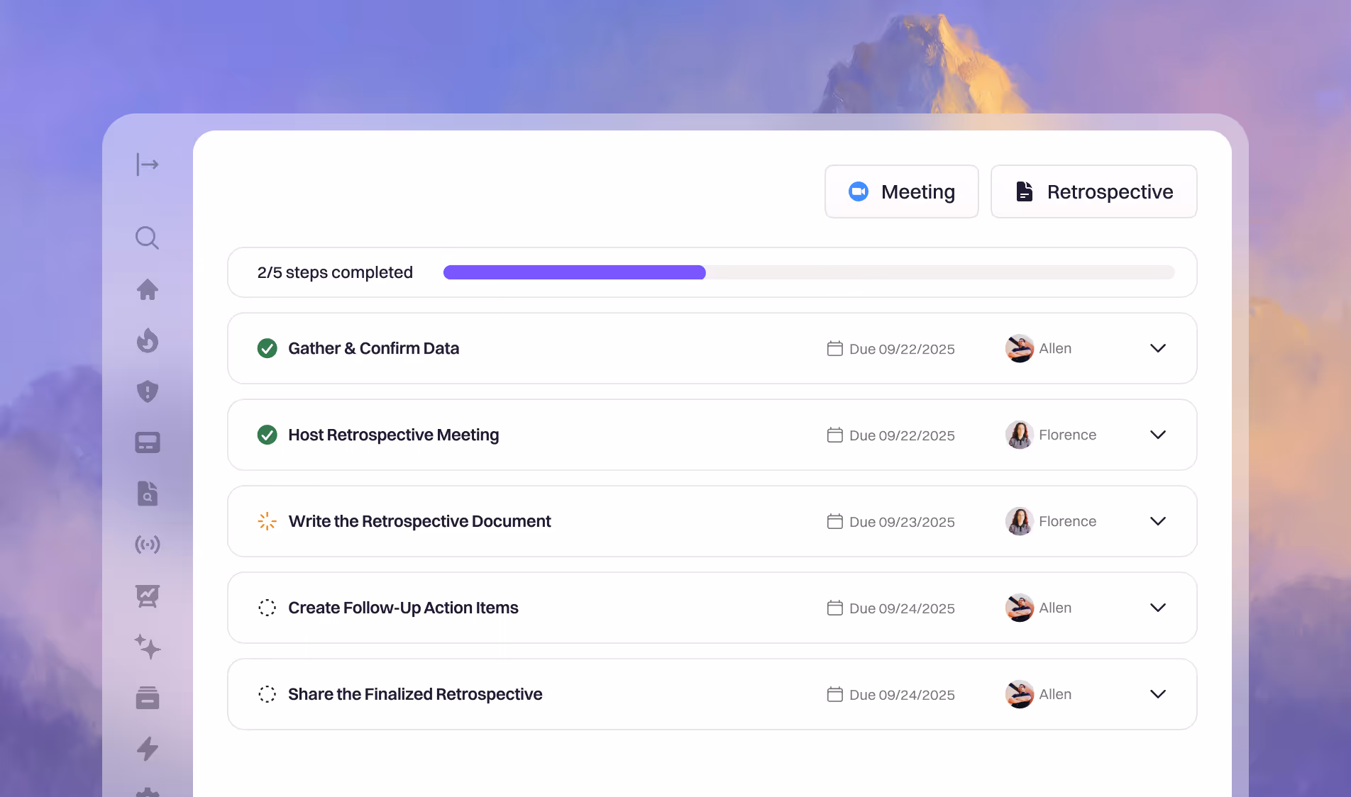 A retrospective template with required sections and review steps laid out in order